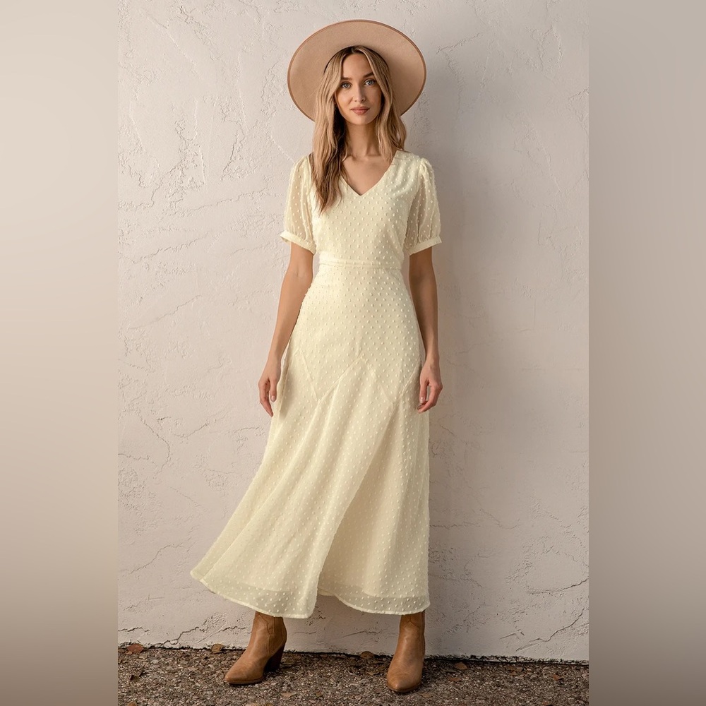Lulus The Best Days Cream Swiss Dot Short Sleeve Maxi Dress NEW WITH TAGS